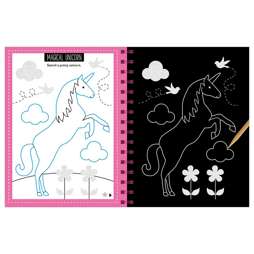 Libro de actividades Scratch and Sparkle: Unicorns and Mermaids Stencil Art