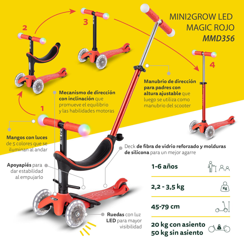 Scooter Micro Mini2Grow Deluxe LED Magic Rojo