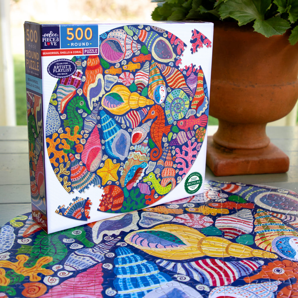 Puzzle redondo 500 piezas Caballitos de mar, conchas y coral