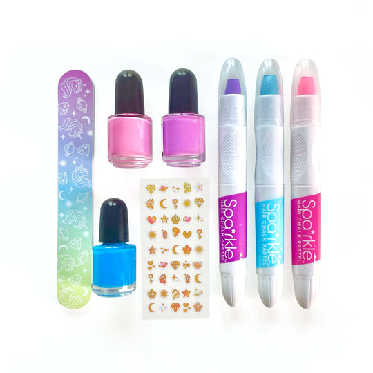 Frasco LED con esmaltes de uñas y lápices de tiza para el cabello - Unicornio